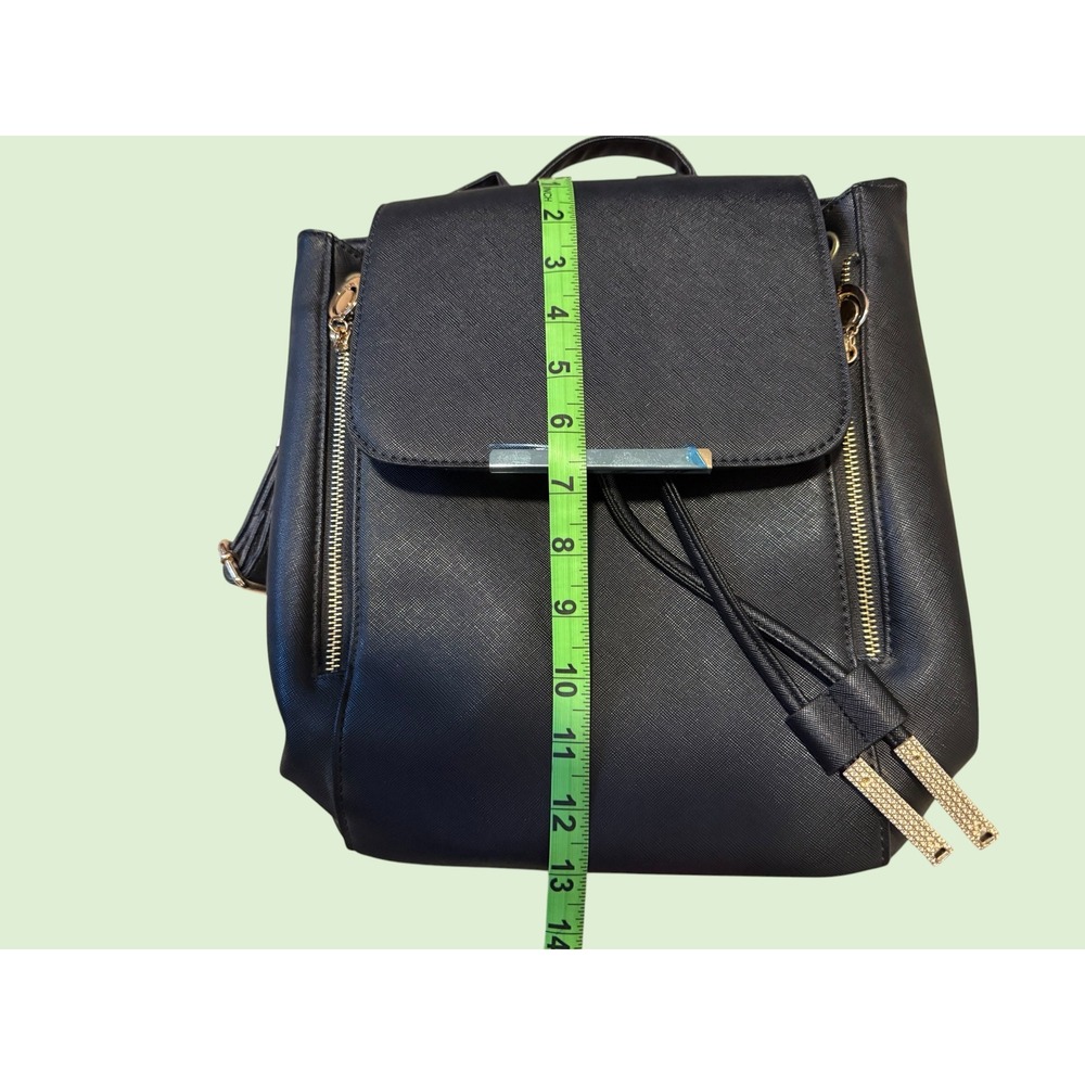 Black Saffiano Vegan Leather Backpack Gold Hardware Drawstring Flap Small Bag - Picture 6 of 7